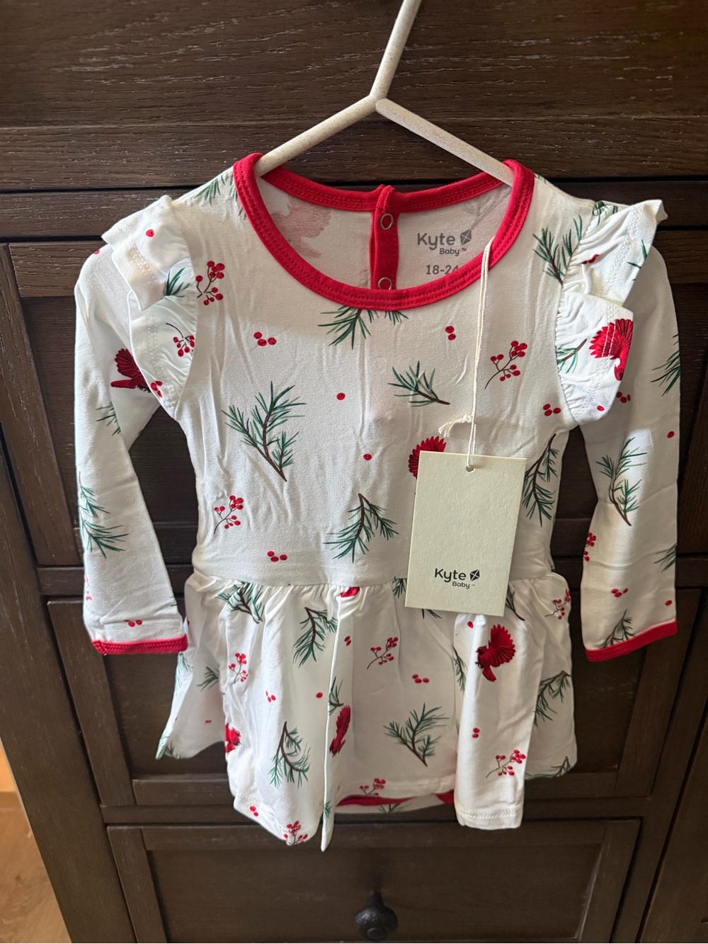 Kyte BABY White Bodysuit Twirl Dress with Red Trim and Pineberry Print
